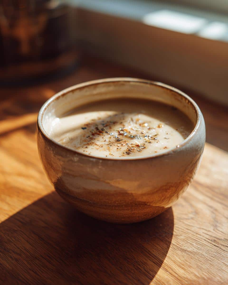 A close-up of a rustic bowl filled with creamy Easy Roasted Cauliflower Soup, seasoned with pepper and herbs.