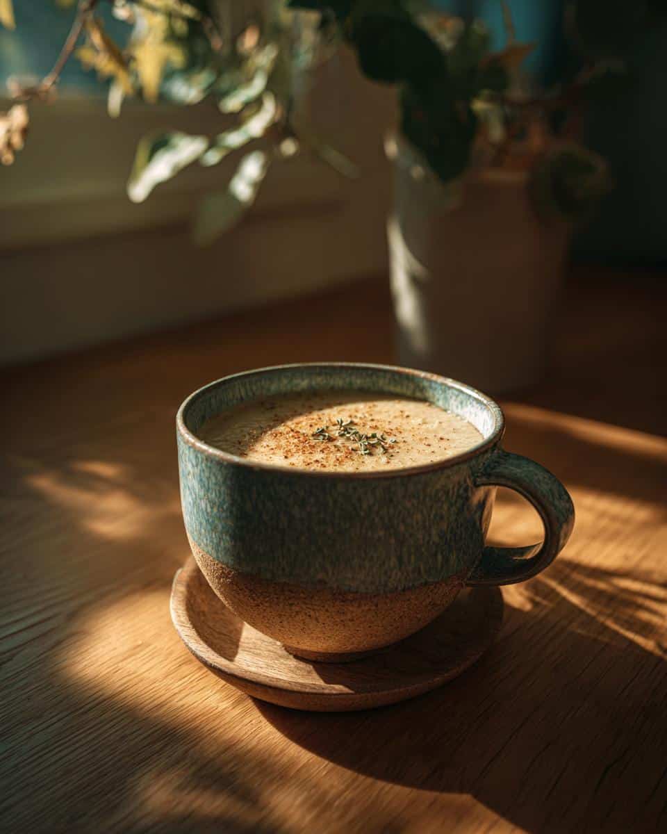 A cozy bowl of Easy Roasted Cauliflower Soup, garnished with herbs and spices, sits on a wooden table.
