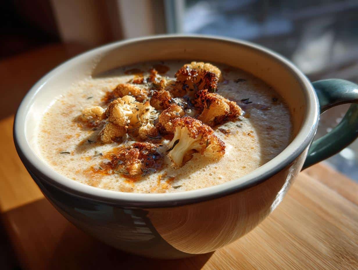 A close-up of a bowl of Easy Roasted Cauliflower Soup topped with golden-brown roasted cauliflower florets and herbs.