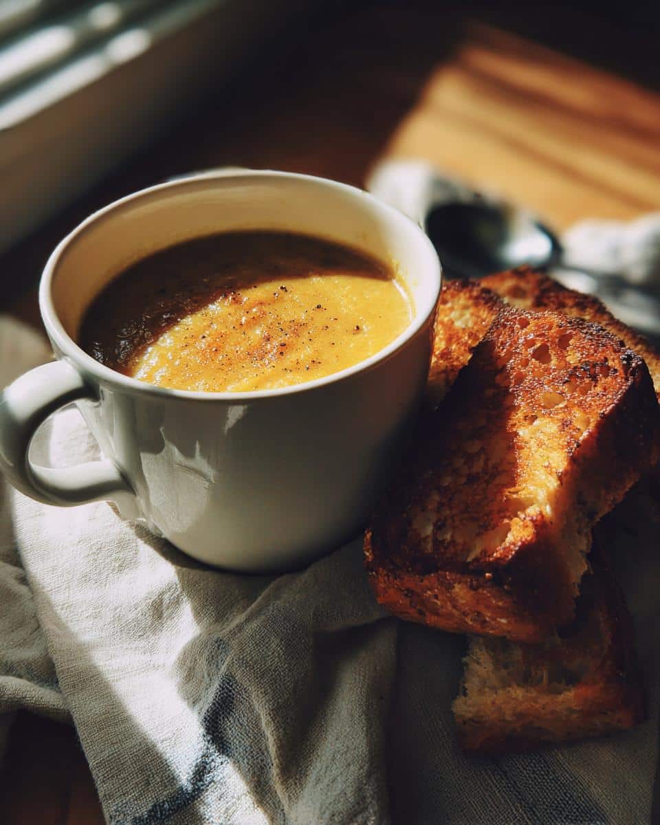 A white mug filled with creamy Easy Roasted Cauliflower Soup, topped with pepper, next to golden-brown toasted bread slices.