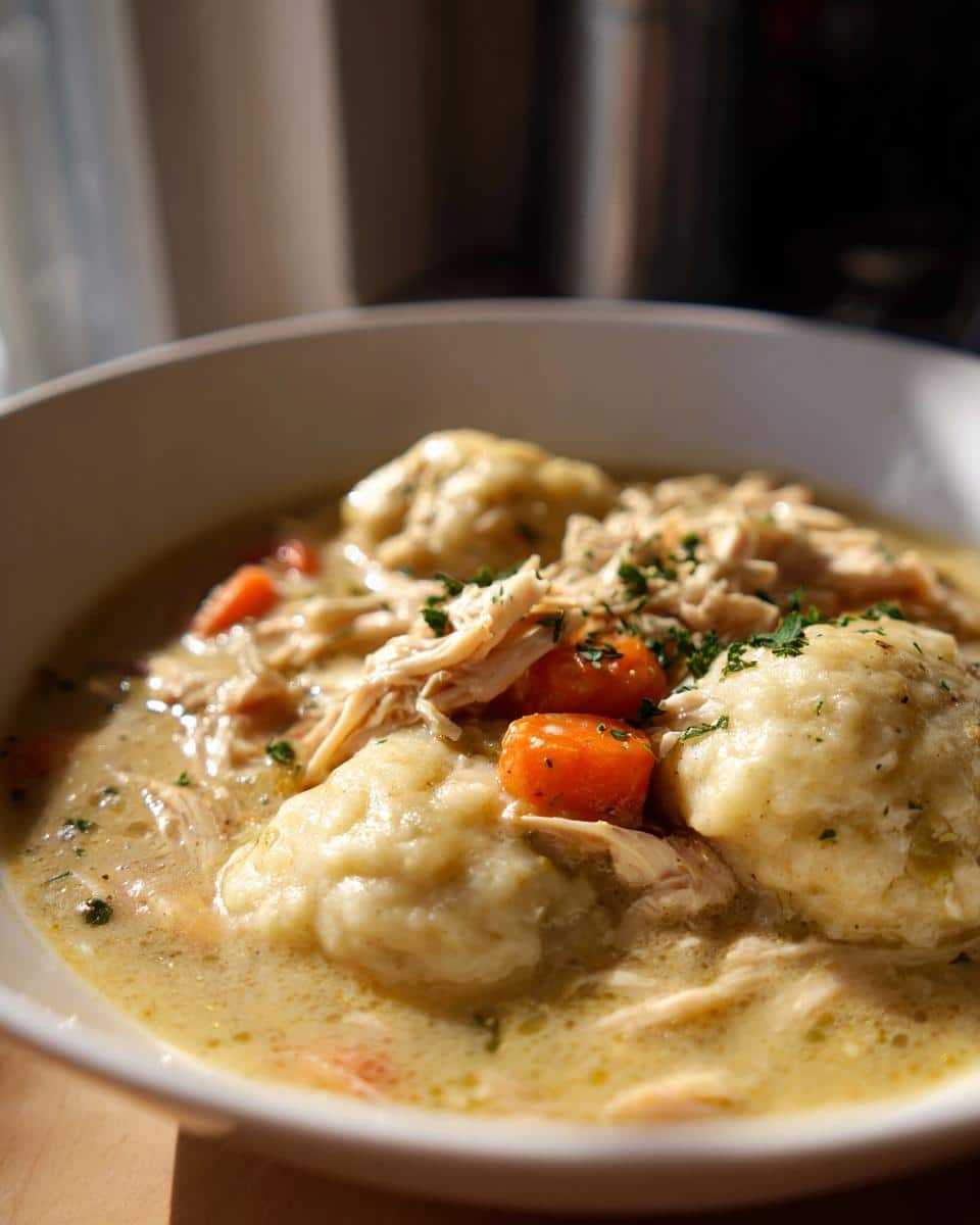 A close-up of a hearty bowl of Easy Slow Cooker Chicken and Dumplings, featuring tender chicken, fluffy dumplings, and carrots in a creamy broth, garnished with parsley.