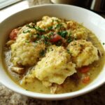 A close-up of a bowl filled with Easy Slow Cooker Chicken and Dumplings, topped with fresh parsley.