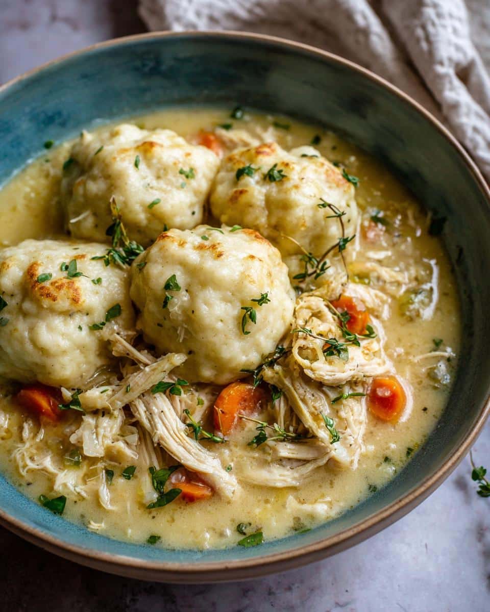 A close-up of a bowl of Easy Slow Cooker Chicken and Dumplings, featuring fluffy dumplings, shredded chicken, and carrots in a creamy broth.