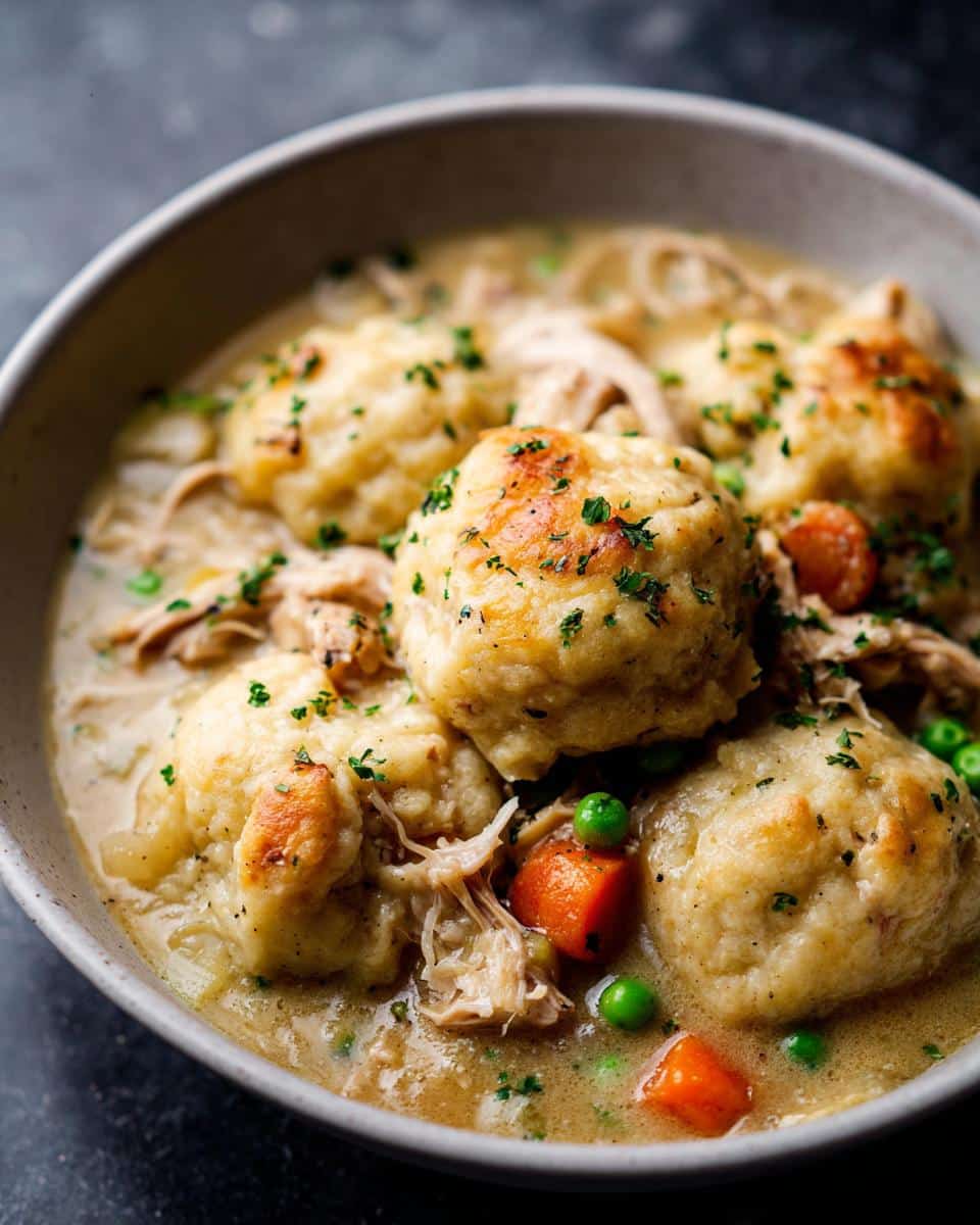 A close-up of a bowl of Easy Slow Cooker Chicken and Dumplings, featuring fluffy dumplings, shredded chicken, peas, and carrots.