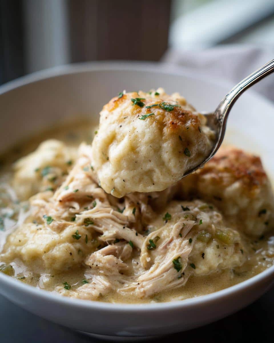 A spoonful of fluffy dumplings and shredded chicken from a bowl of Easy Slow Cooker Chicken and Dumplings.