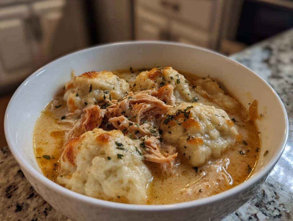 A comforting bowl of Easy Slow Cooker Chicken and Dumplings, featuring shredded chicken and fluffy dumplings in a creamy broth, garnished with parsley.