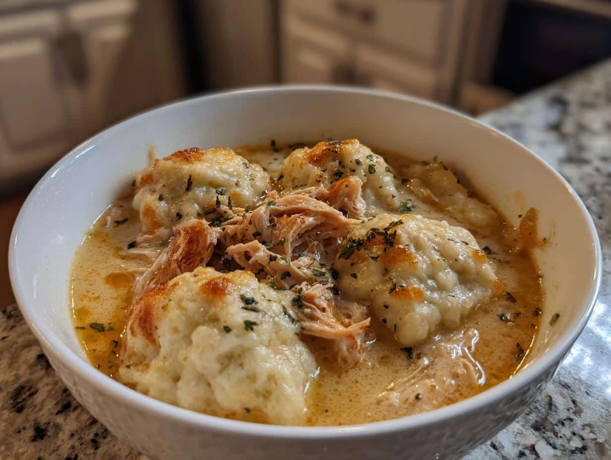 A comforting bowl of Easy Slow Cooker Chicken and Dumplings, featuring shredded chicken and fluffy dumplings in a creamy broth, garnished with parsley.