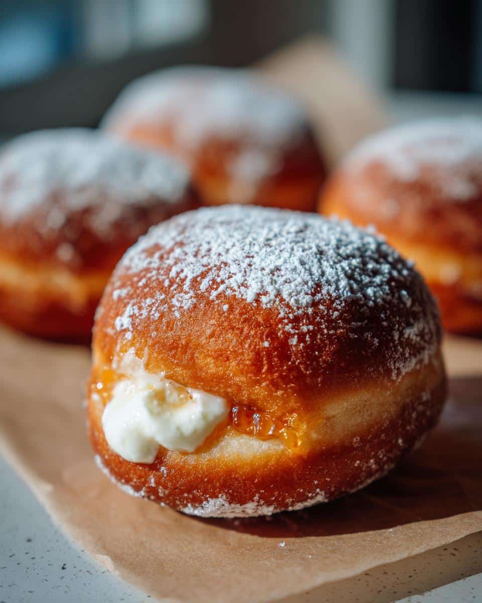 Close-up of a delicious filled air fryer donut, dusted with powdered sugar and oozing with cream and jam filling.