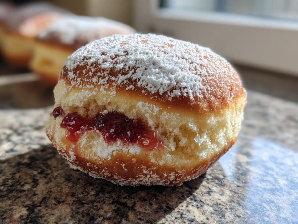 Close-up of a delicious filled air fryer donut, dusted with powdered sugar and oozing with berry jam.