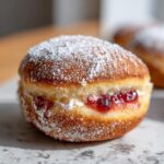 Close-up of a fluffy, powdered sugar-dusted Filled Air Fryer Donut, split open to reveal creamy filling and red jam.