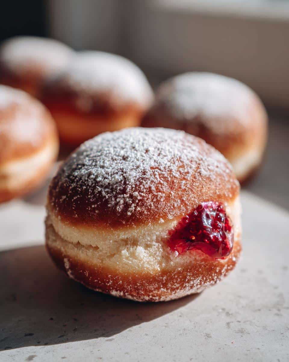 Close-up of a delicious filled air fryer donut dusted with powdered sugar and oozing raspberry jam.
