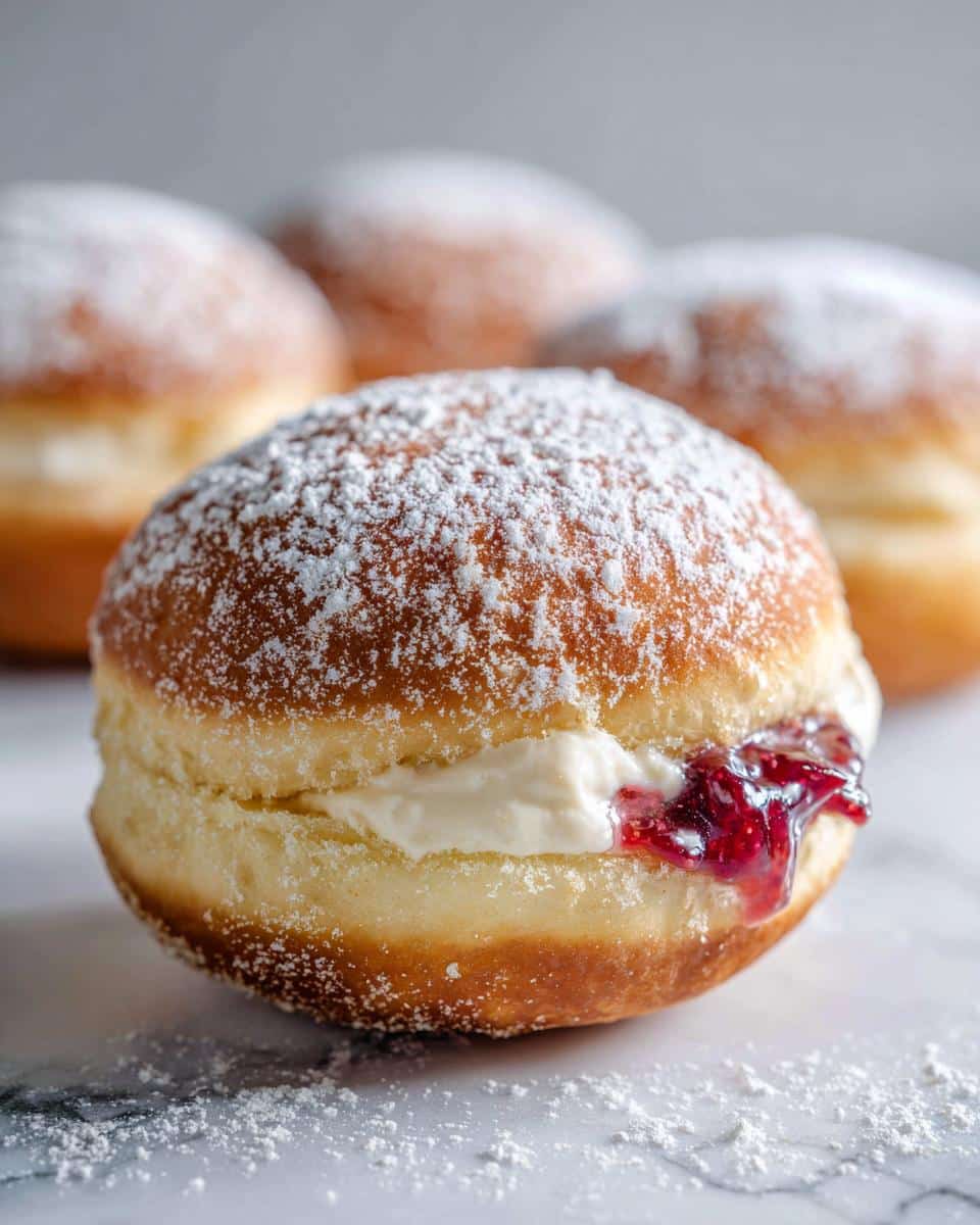 Close-up of a fluffy filled air fryer donut dusted with powdered sugar, showing cream and jam filling.