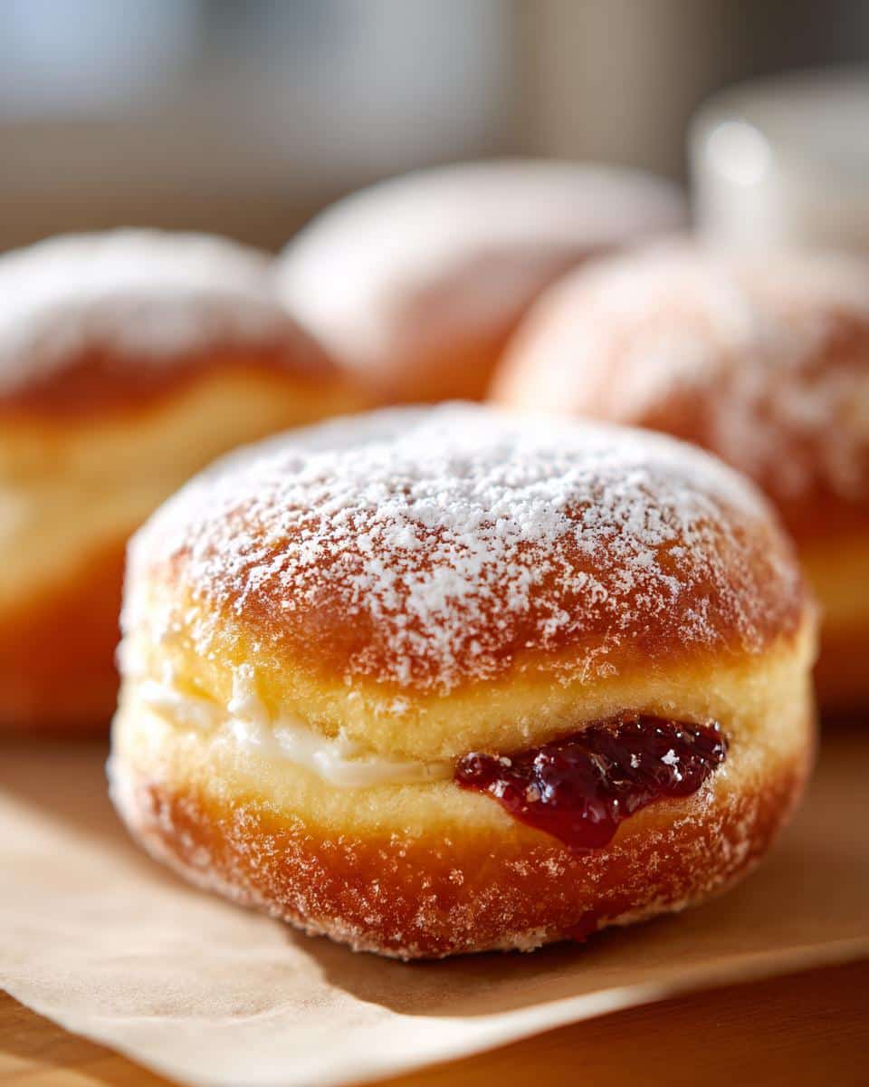 Close-up of a delicious Filled Air Fryer Donut dusted with powdered sugar, showing cream and jam filling.