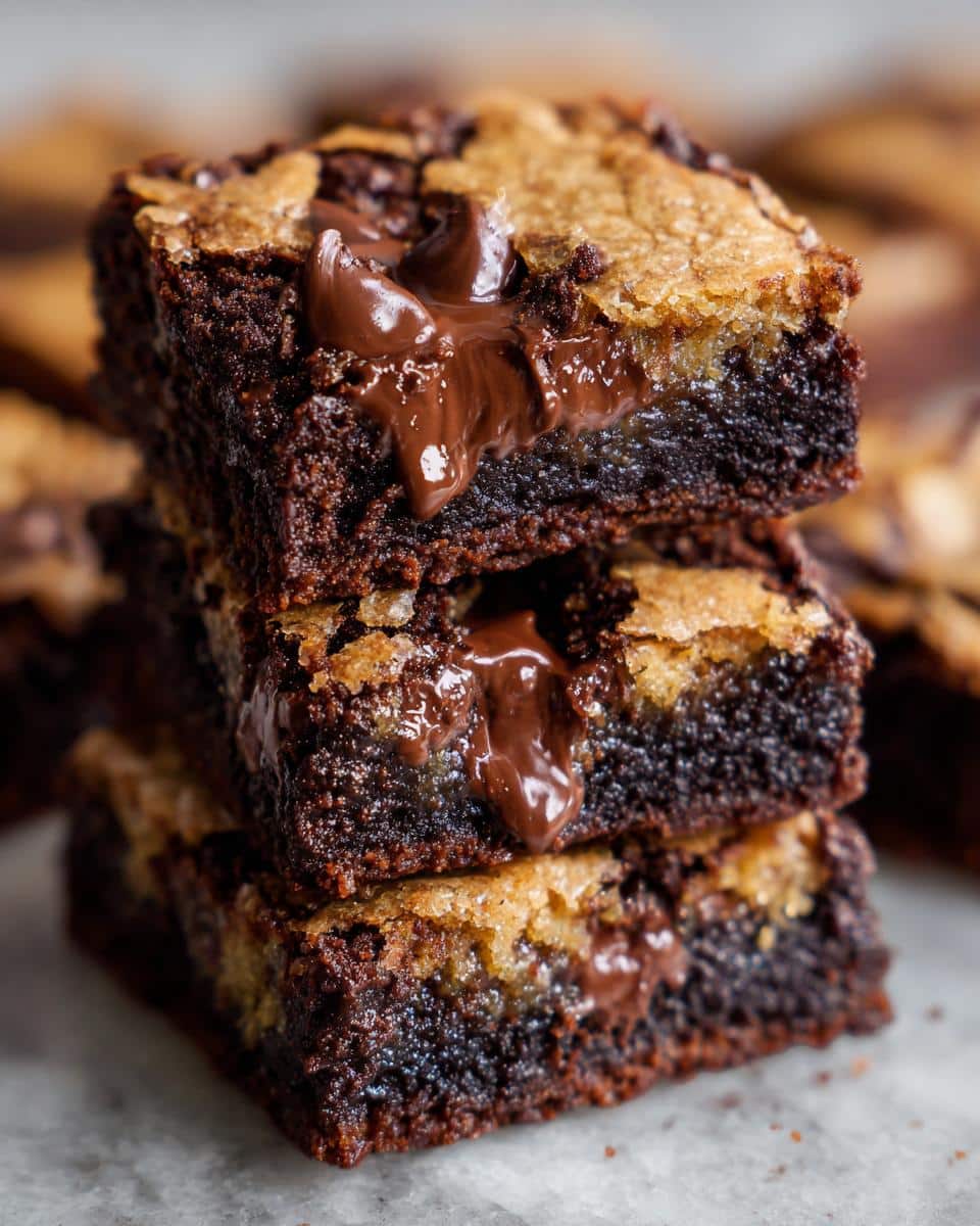 A stack of three fudgy chewy brookies with melted chocolate oozing out.