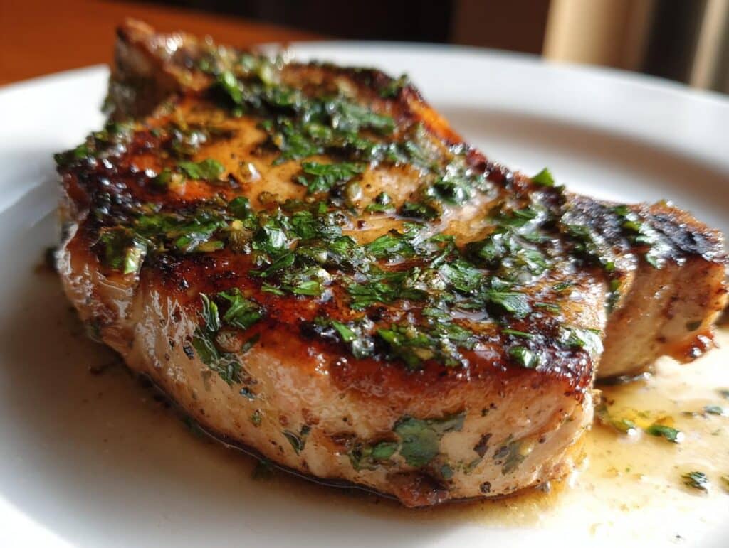 A close-up of a juicy Garlic Butter Air Fryer Pork Chop, glistening with sauce and topped with fresh herbs.