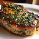A close-up of a juicy Garlic Butter Air Fryer Pork Chop, glistening with sauce and topped with fresh herbs.