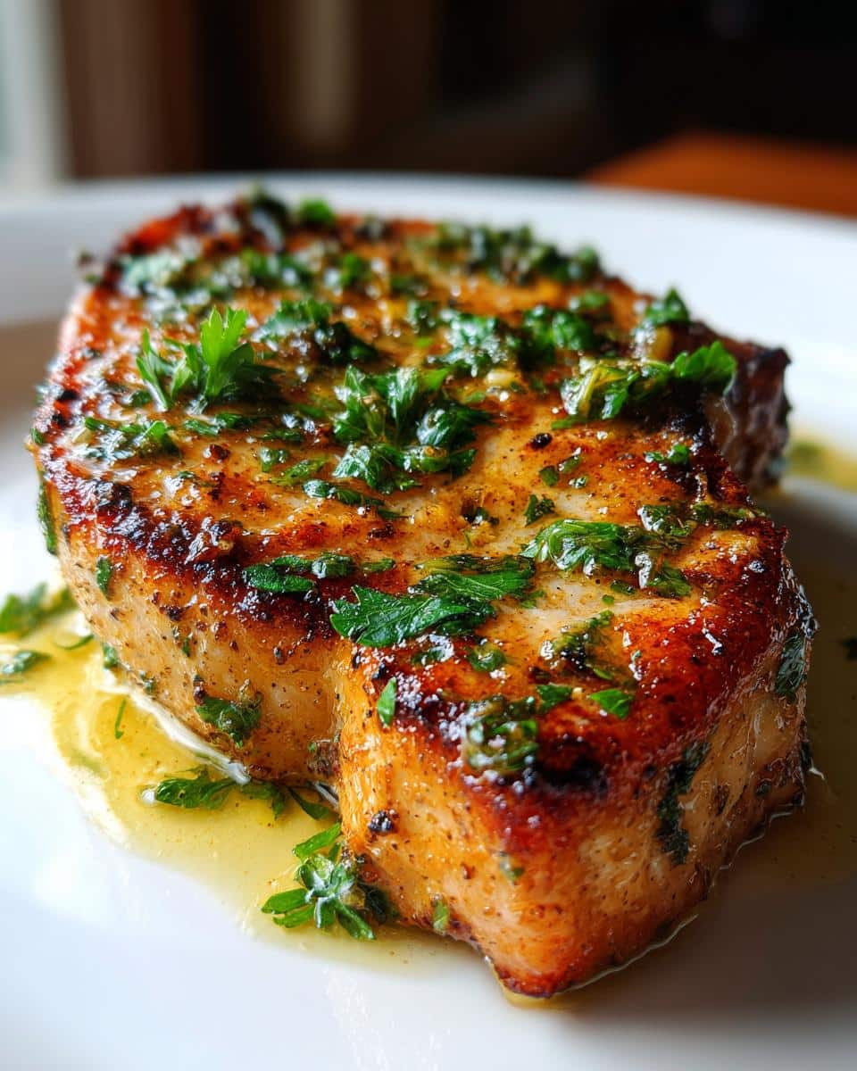 A perfectly cooked Garlic Butter Air Fryer Pork Chop, glistening with butter and topped with fresh parsley, served on a white plate.