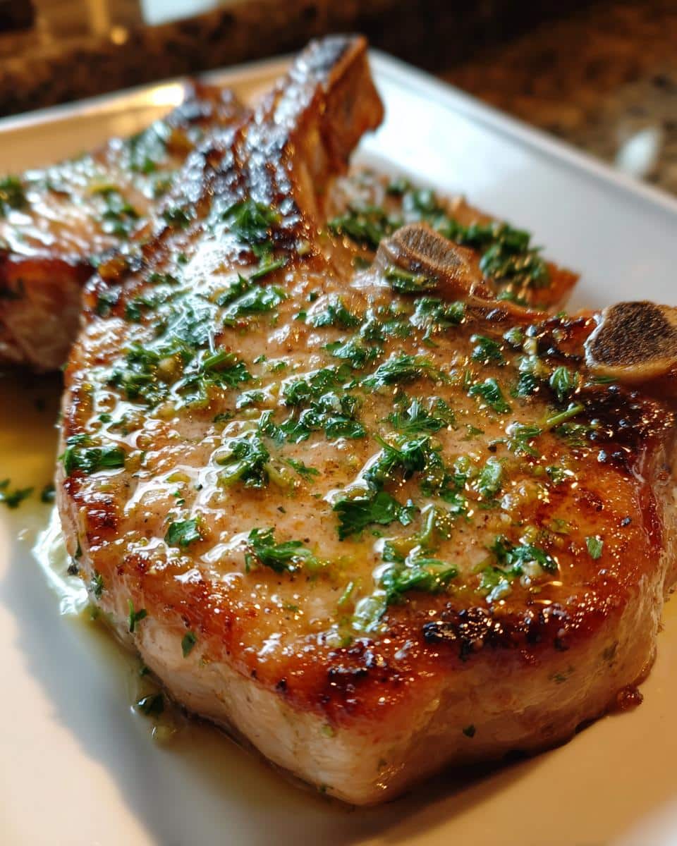 Juicy Garlic Butter Air Fryer Pork Chops topped with fresh parsley, glistening in butter sauce.