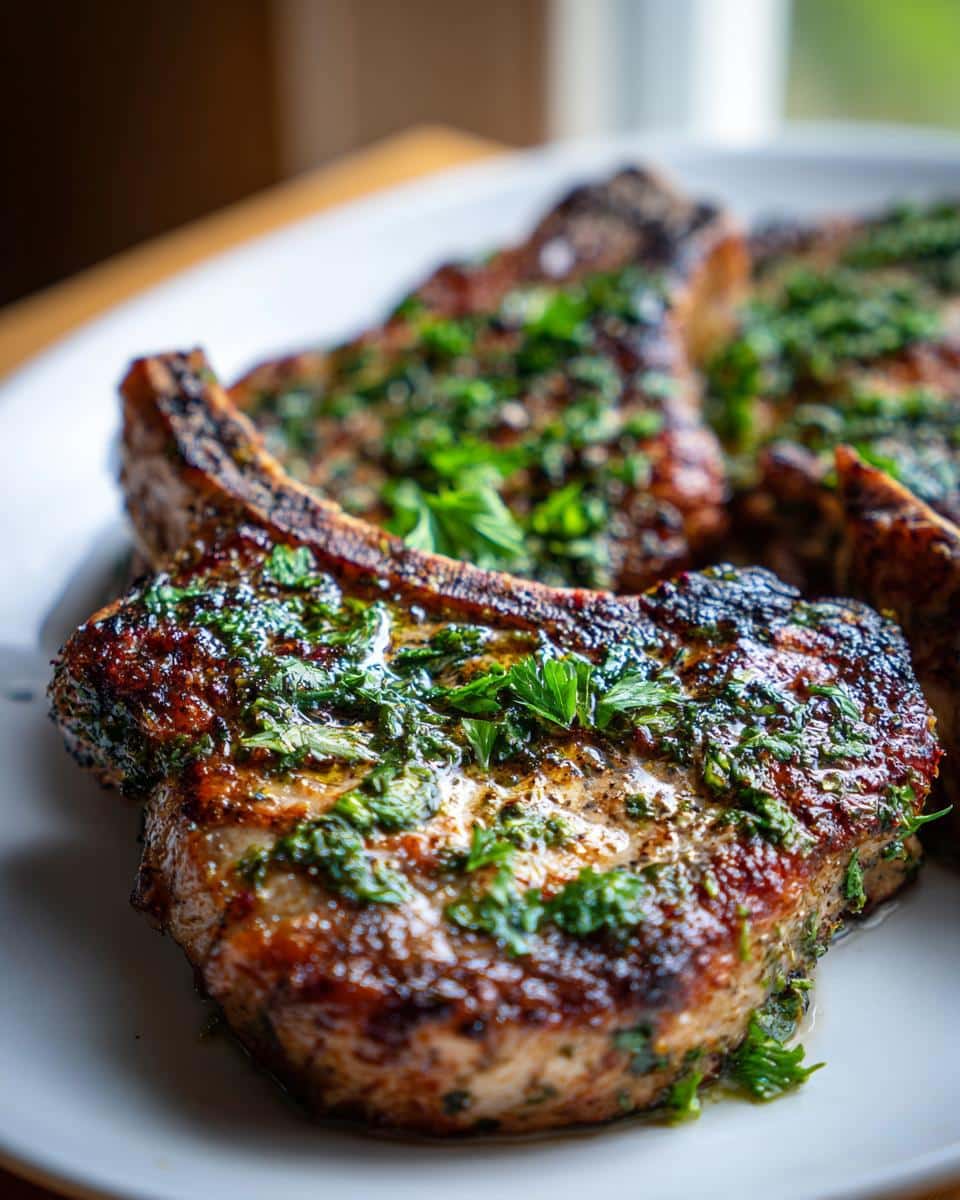 Close-up of juicy Garlic Butter Air Fryer Pork Chops topped with fresh parsley.