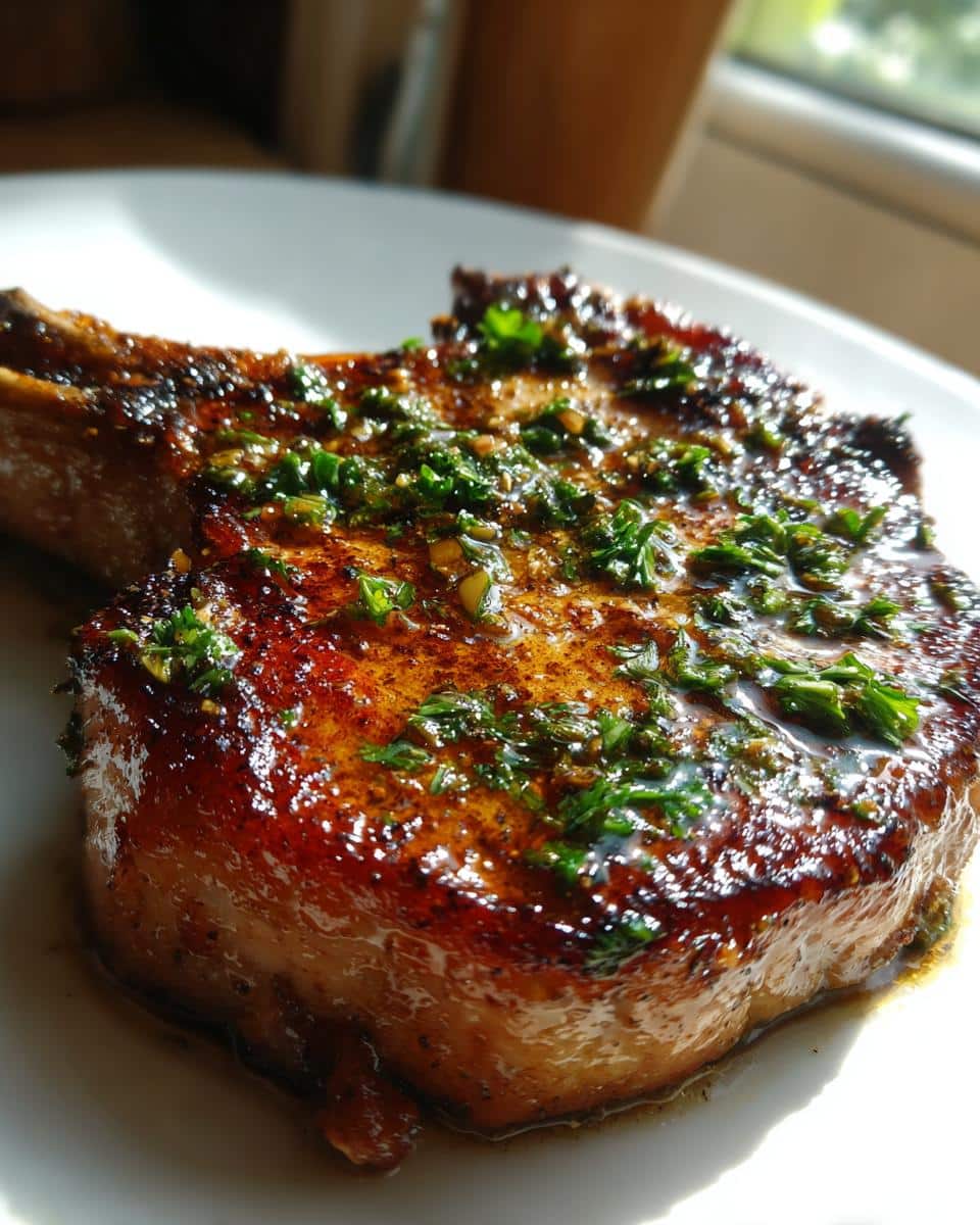 Close-up of a juicy Garlic Butter Air Fryer Pork Chop, glistening with sauce and topped with fresh parsley.
