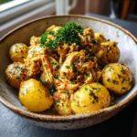 A close-up of Garlic Parmesan Crockpot Chicken and Potatoes served in a rustic bowl, garnished with fresh parsley.