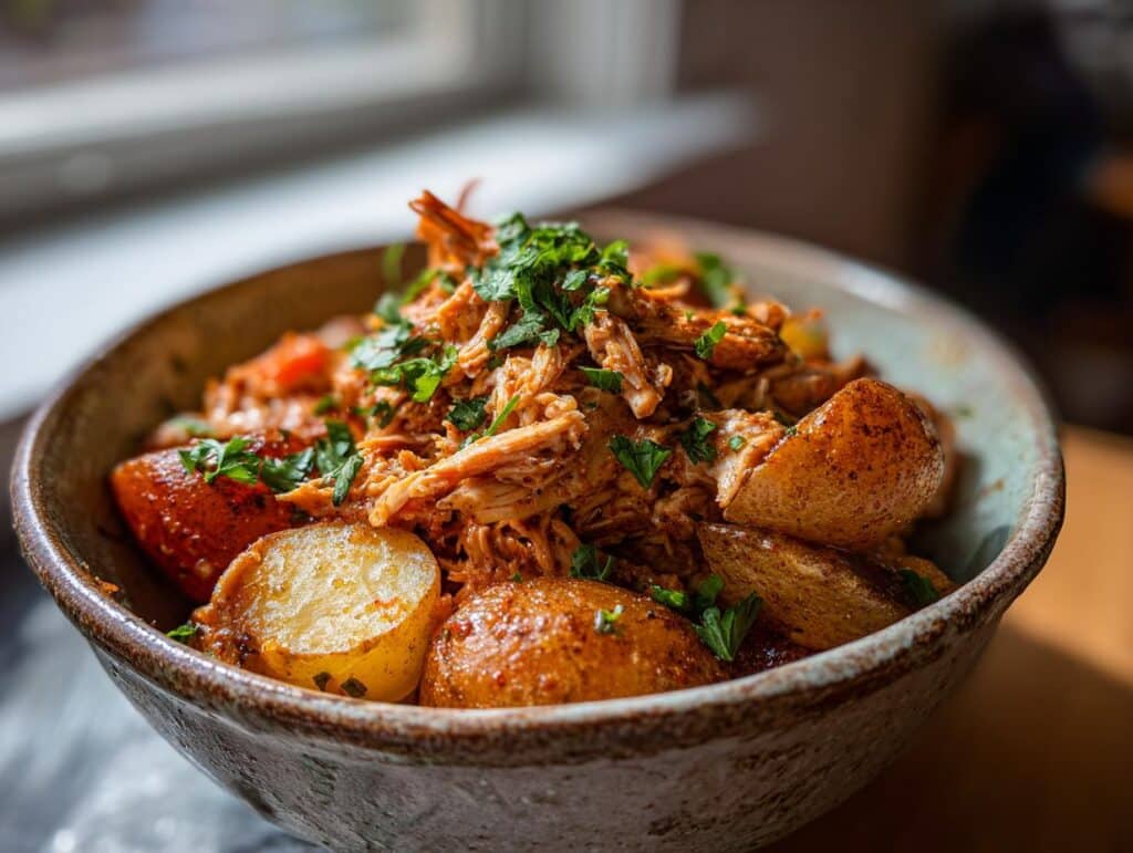 A bowl of shredded Garlic Parmesan Crockpot Chicken and Potatoes, garnished with fresh parsley.