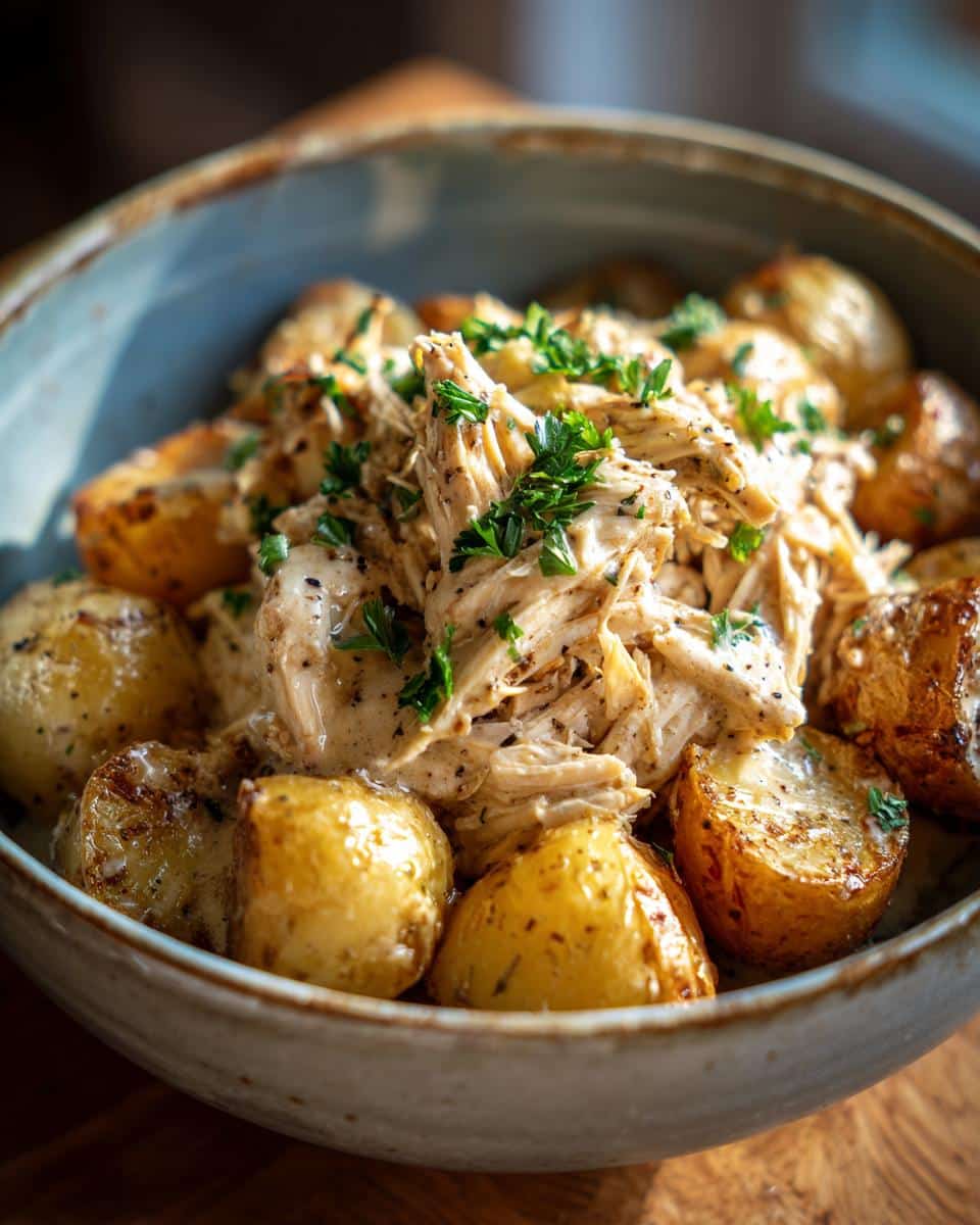 A close-up of shredded Garlic Parmesan Crockpot Chicken and Potatoes in a rustic bowl, garnished with fresh parsley.