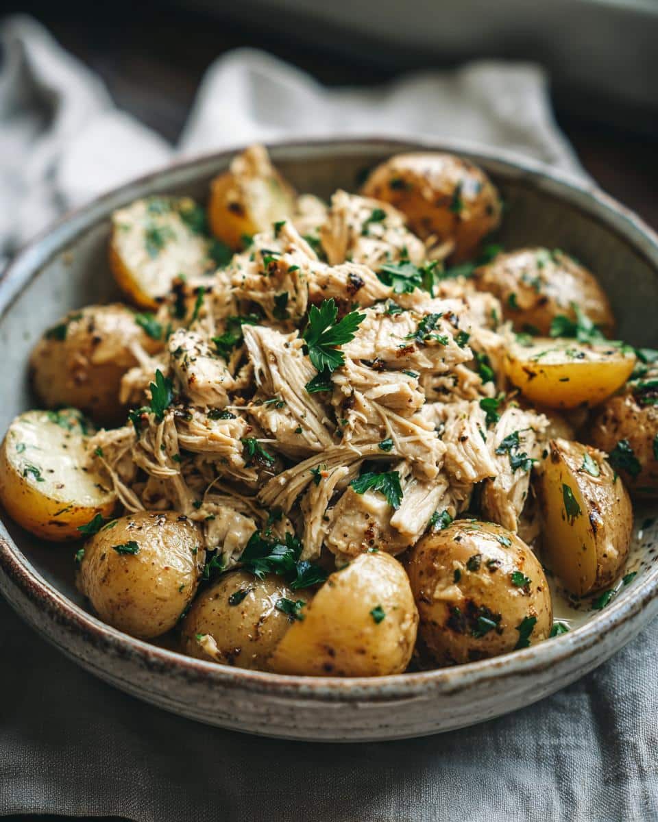 A close-up of shredded Garlic Parmesan Crockpot Chicken and Potatoes served in a bowl, garnished with fresh parsley.
