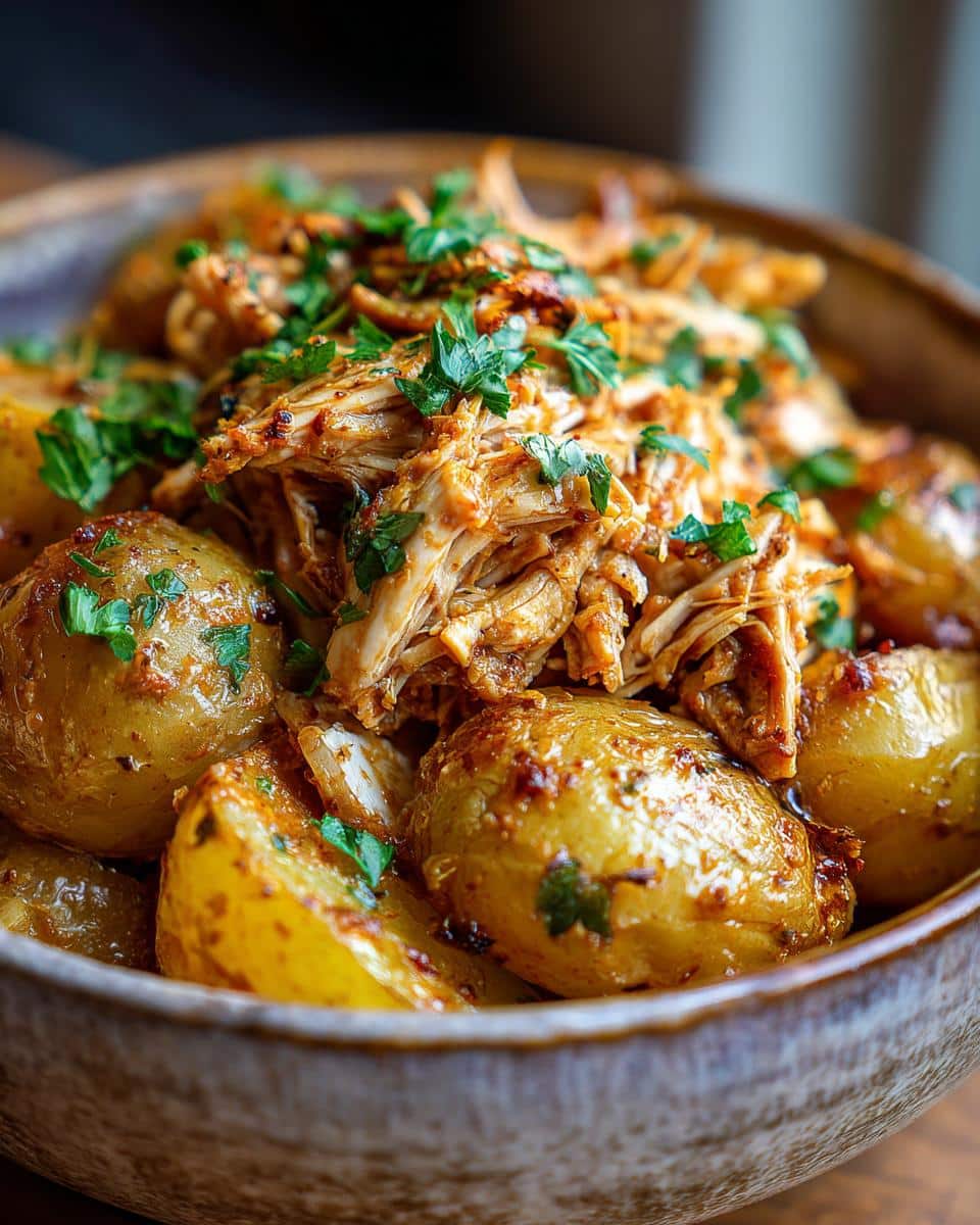 A bowl of shredded Garlic Parmesan Crockpot Chicken and Potatoes, garnished with fresh parsley.
