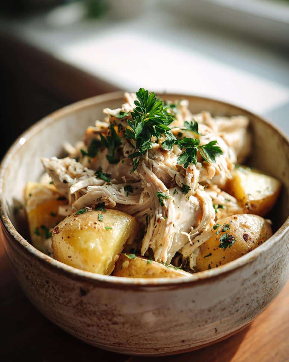 A rustic bowl filled with shredded Garlic Parmesan Crockpot Chicken and Potatoes, garnished with fresh parsley.