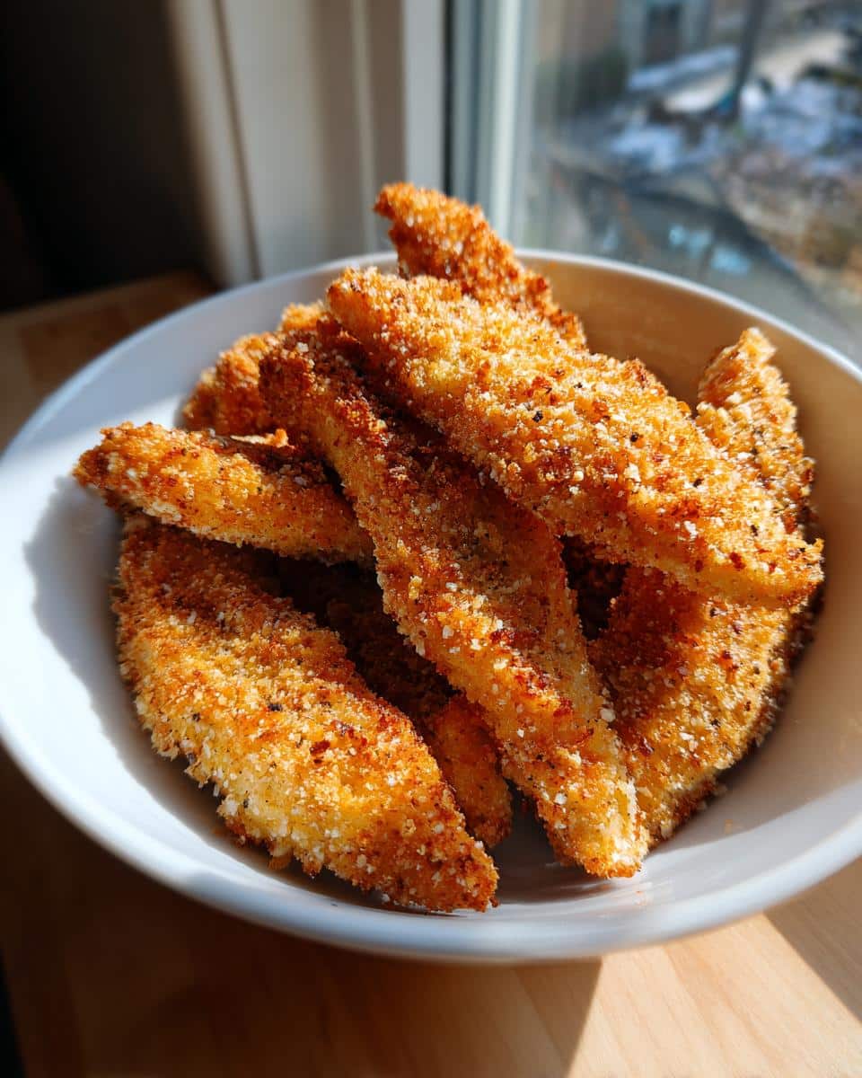 A close-up of a white bowl filled with crispy, golden Gluten-Free Air Fryer Tenders.