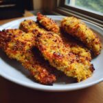 A close-up shot of golden-brown, crispy Gluten-Free Air Fryer Tenders on a white plate.