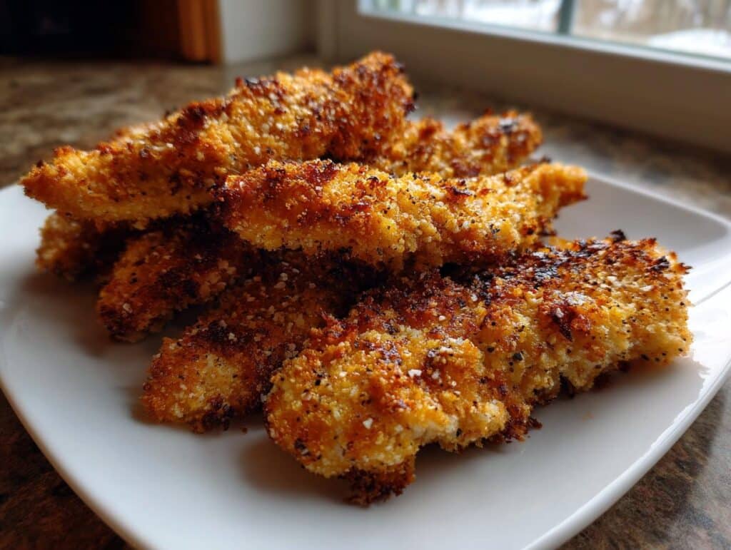 A plate of golden-brown, crispy Gluten-Free Air Fryer Tenders, seasoned with herbs and spices.