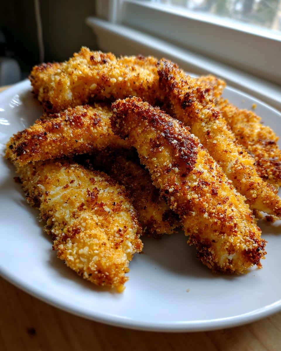 A plate of golden-brown, crispy Gluten-Free Air Fryer Tenders.