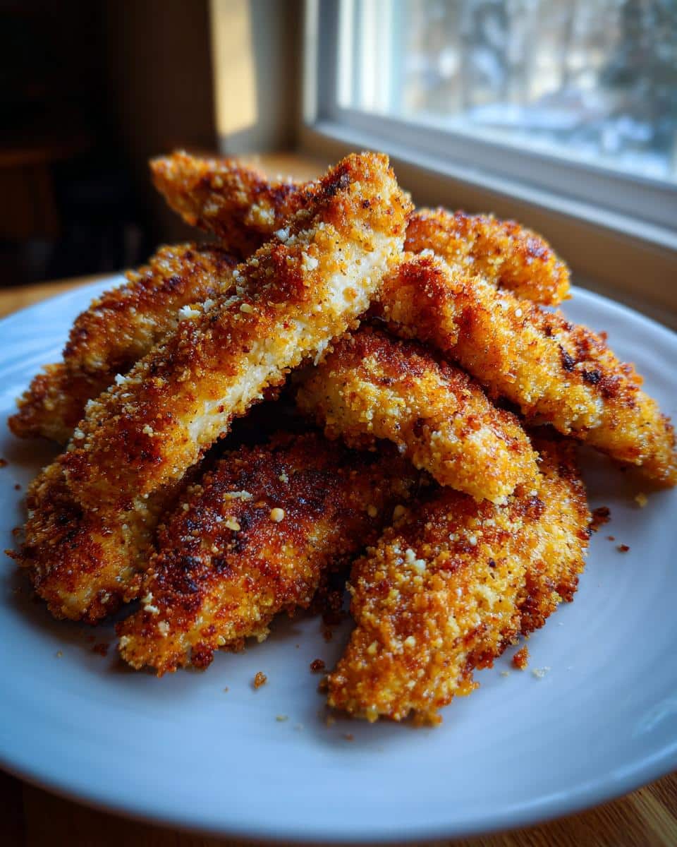 A pile of crispy, golden-brown Gluten-Free Air Fryer Tenders on a white plate, ready to be enjoyed.