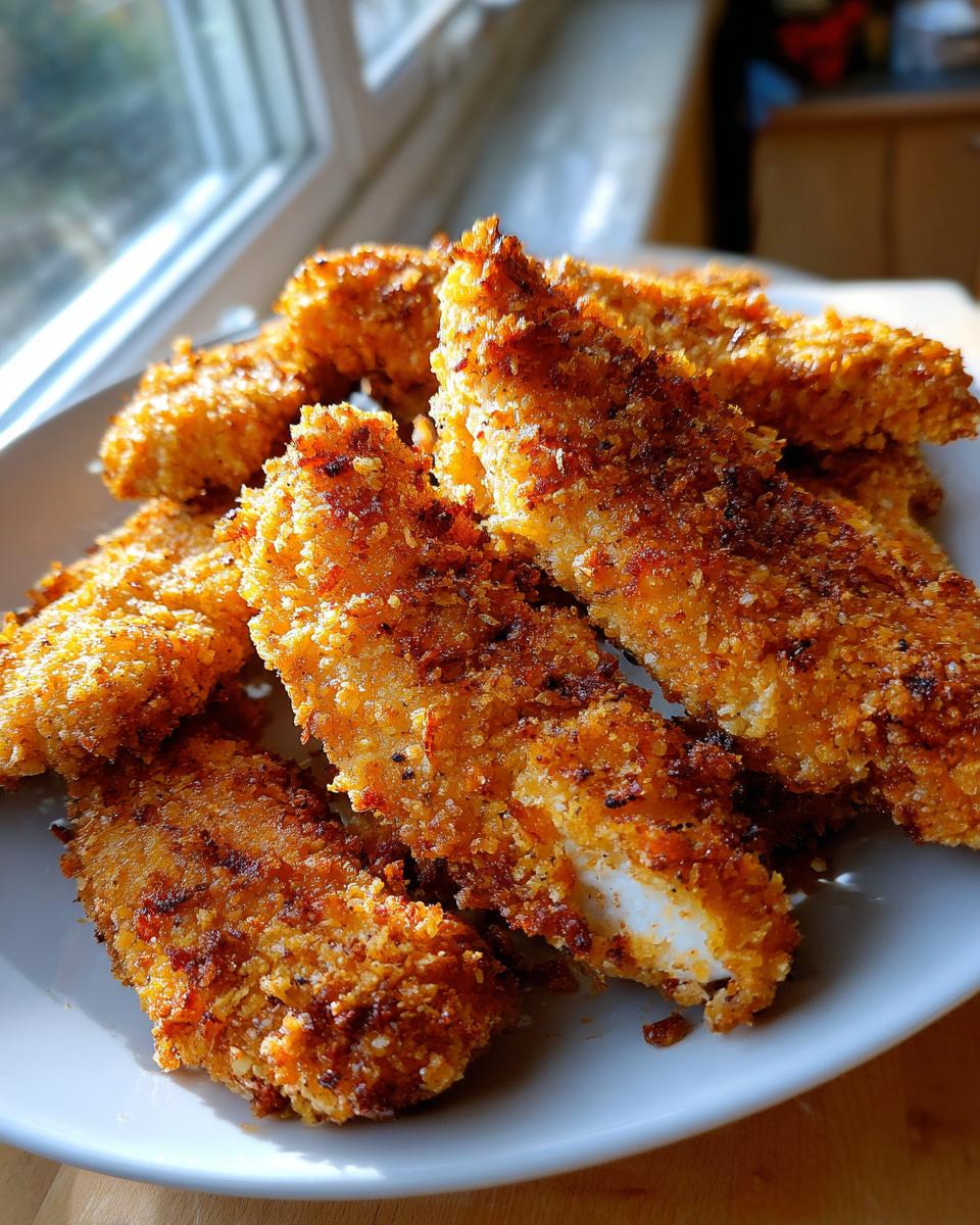 A plate of golden-brown, crispy Gluten-Free Air Fryer Tenders with a visible juicy interior.