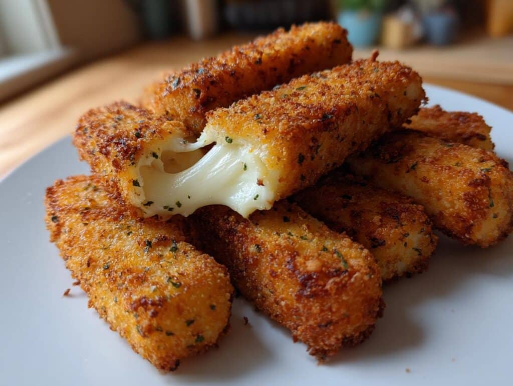 A pile of golden-brown Gluten-Free Mozzarella Sticks on a white plate, with one stick broken open to reveal melted cheese.