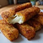 A pile of golden-brown Gluten-Free Mozzarella Sticks on a white plate, with one stick broken open to reveal melted cheese.