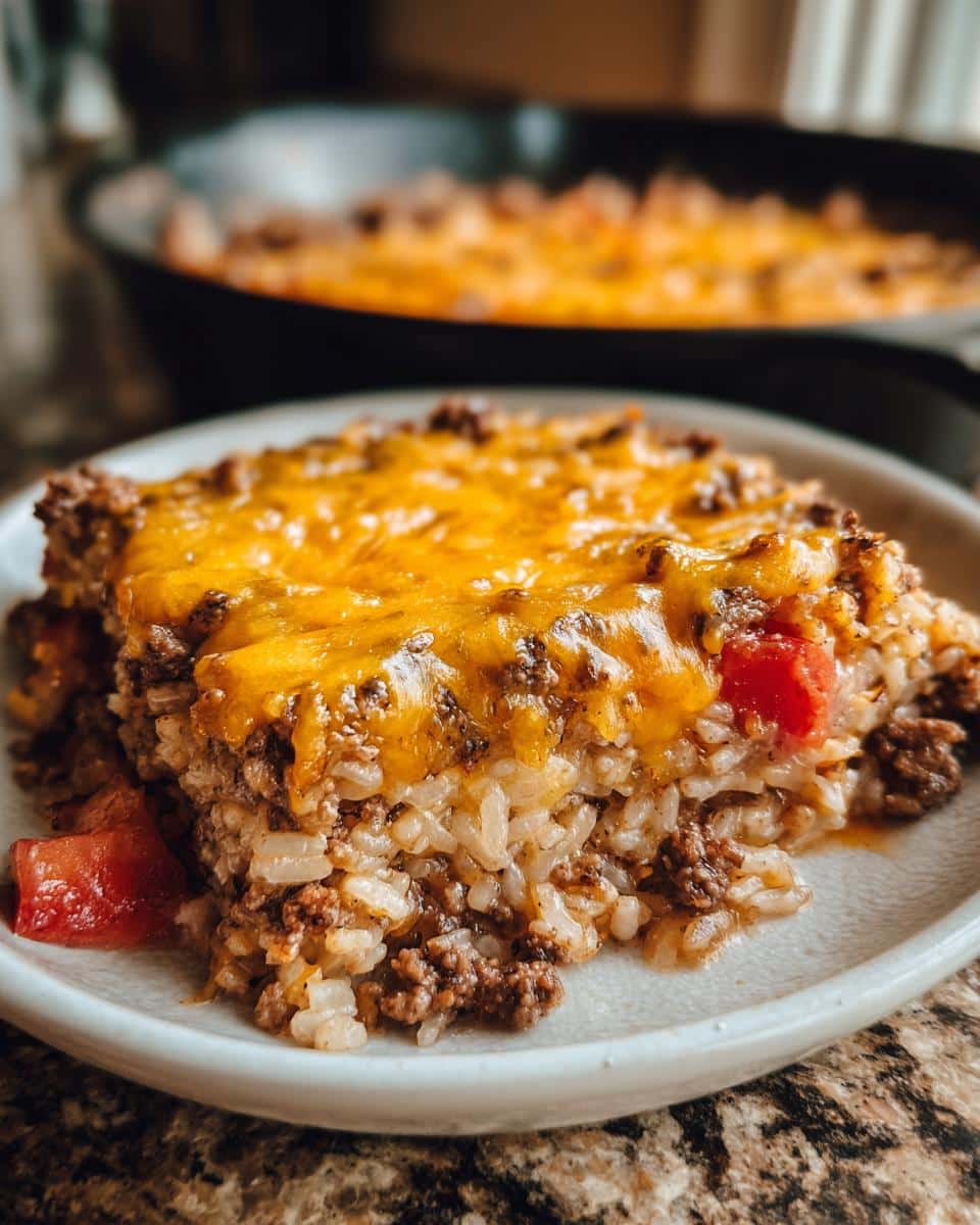 A slice of cheesy ground beef and rice casserole with chunks of tomato, served on a plate.