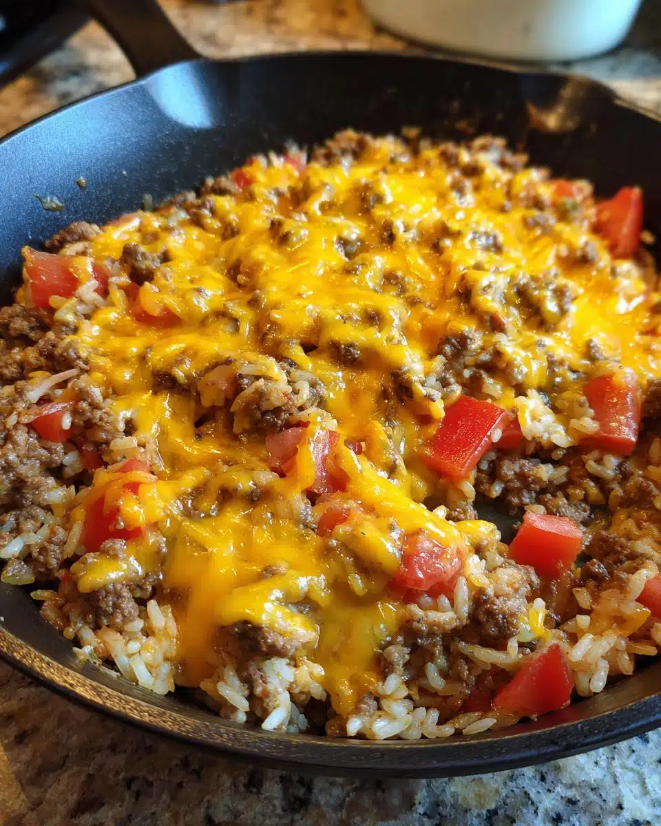A close-up of a skillet filled with ground beef recipes, rice, diced tomatoes, and melted cheddar cheese.