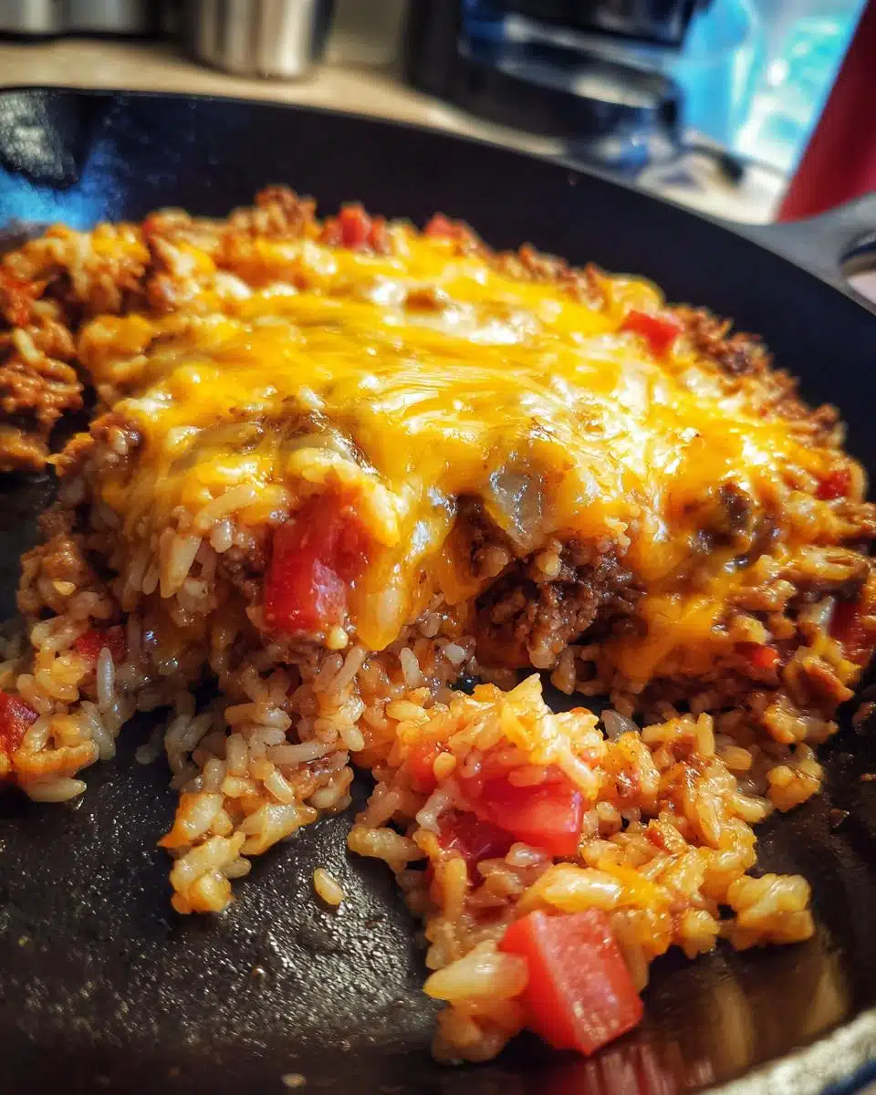 Close-up of a cheesy ground beef and rice skillet dish with tomatoes.