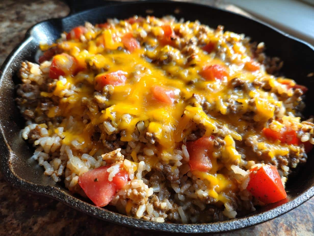Close-up of a skillet filled with ground beef, rice, diced tomatoes, and melted cheddar cheese, a delicious ground beef recipe.