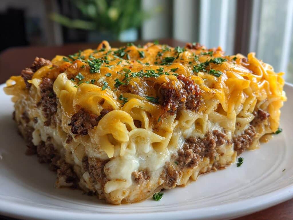 A generous slice of Hearty Southern Five Layer Beef Casserole with layers of pasta, beef, and cheese, topped with fresh parsley.