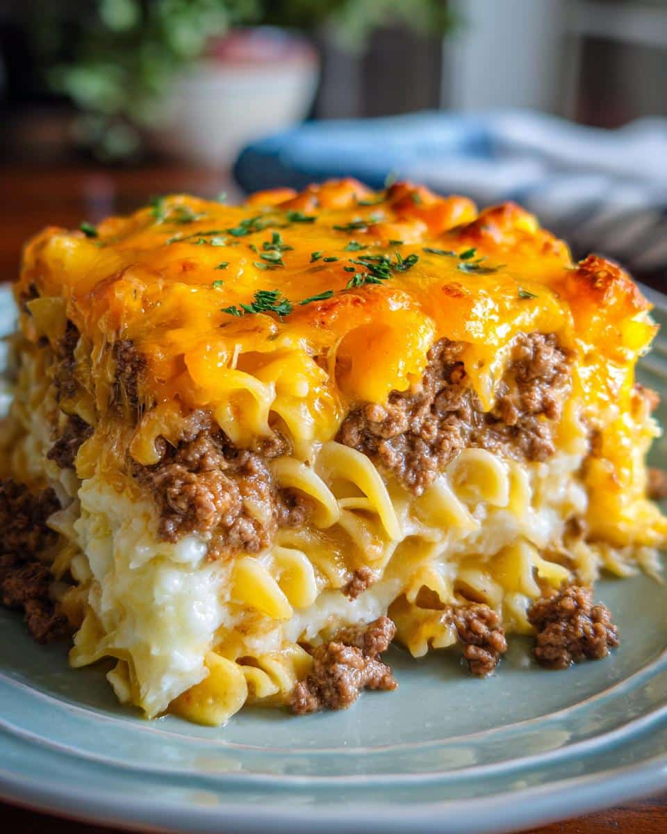 A close-up of a generous slice of Hearty Southern Five Layer Beef Casserole, topped with melted cheddar cheese and parsley.