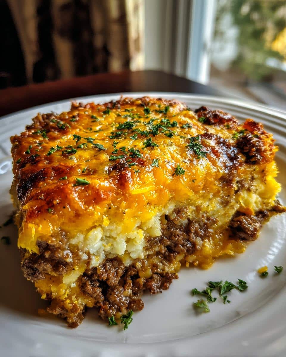 A close-up of a slice of Hearty Southern Five Layer Beef Casserole on a white plate, topped with melted cheese and parsley.