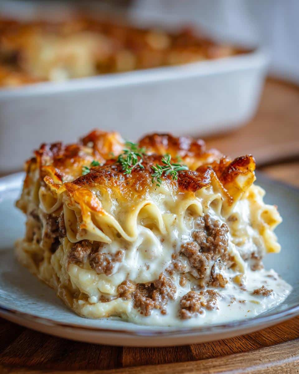 A delicious slice of Hearty Southern Five Layer Beef Casserole, showing layers of pasta, rich meat sauce, and creamy cheese.