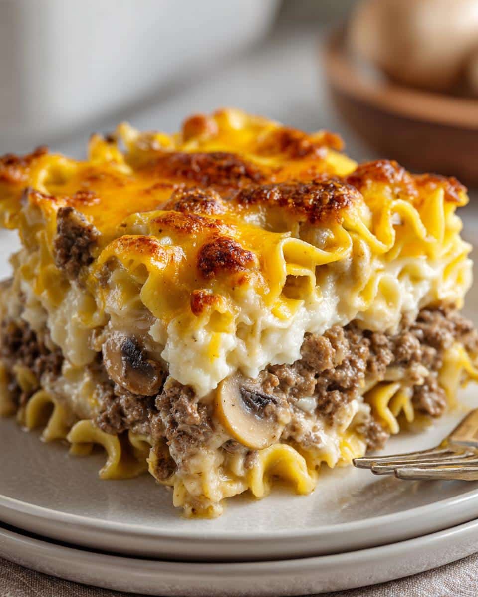 A delicious slice of Hearty Southern Five Layer Beef Casserole, featuring layers of pasta, ground beef, mushrooms, and cheese.