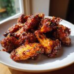 Close-up of a plate piled high with glistening Honey Garlic Air Fryer Wings, sprinkled with herbs.