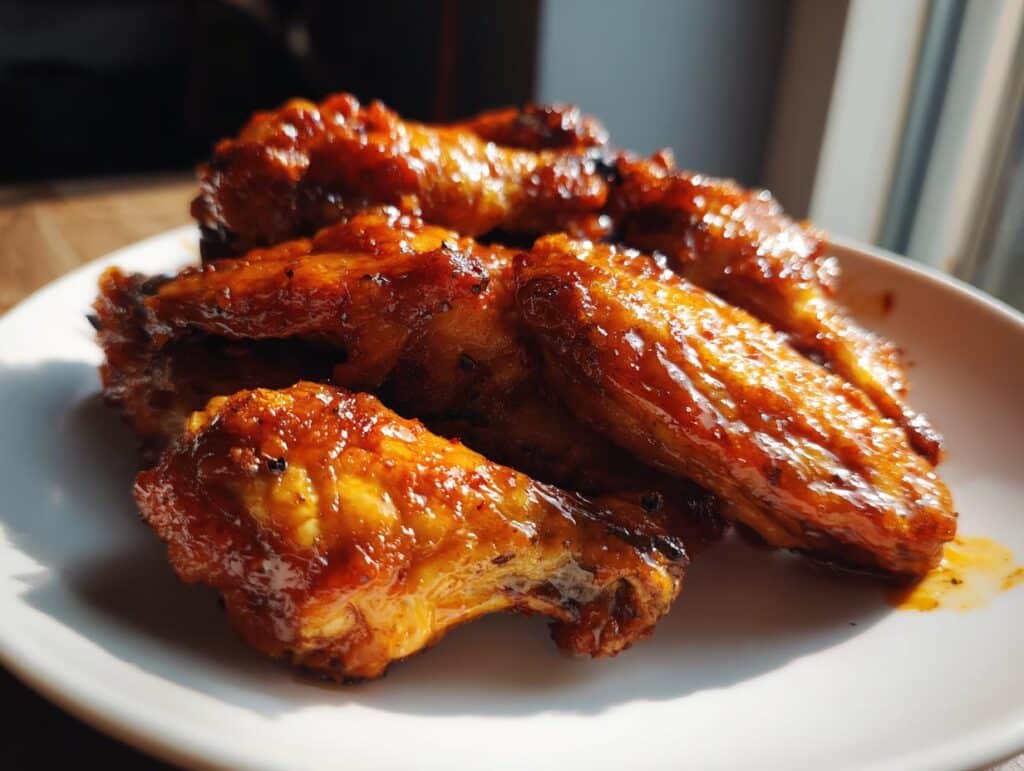 Close-up of a plate of glistening Honey Garlic Air Fryer Wings, perfectly cooked and coated in sauce.