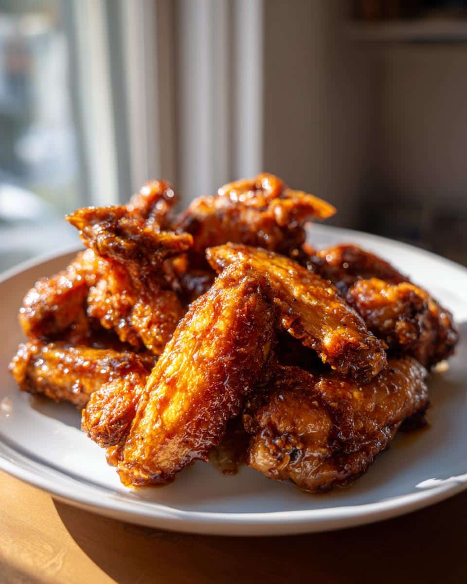 A close-up of a pile of glistening Honey Garlic Air Fryer Wings on a white plate.